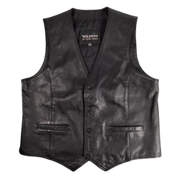 Vintage Wilsons Men' Black Leather Biker Vest L  Biker  Grunge Y2K Eagle Sturgis - Picture 5 of 10